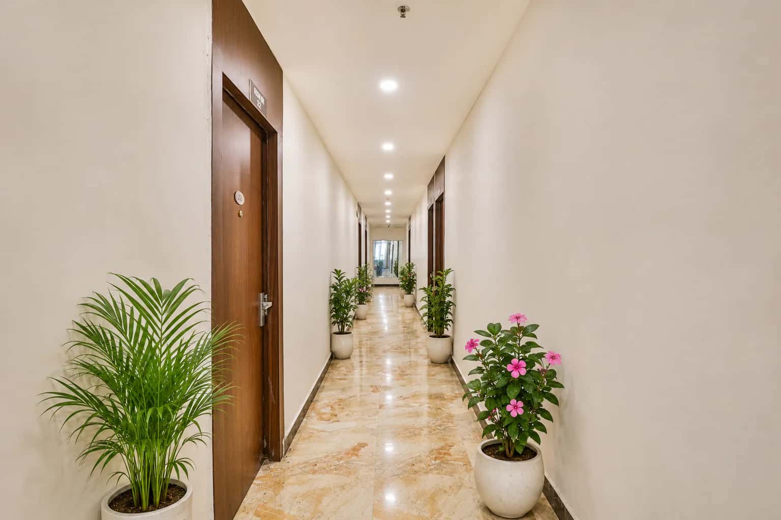 Guest corridor with flowering plants