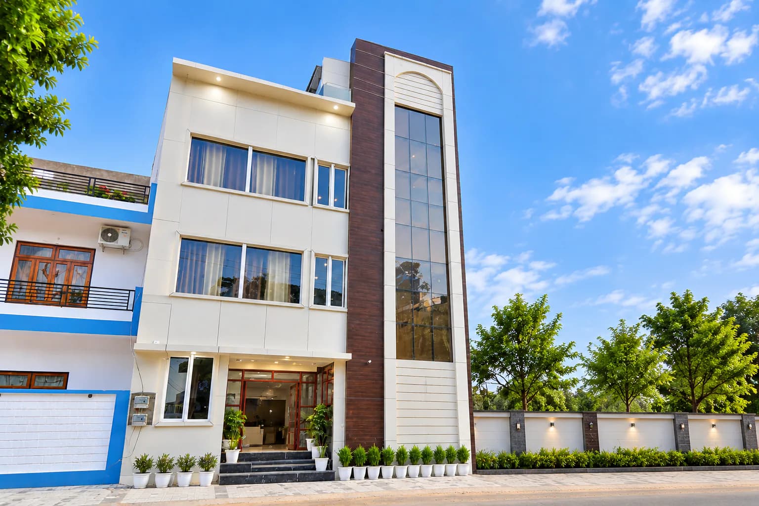 Hotel facade with landscaped frontage